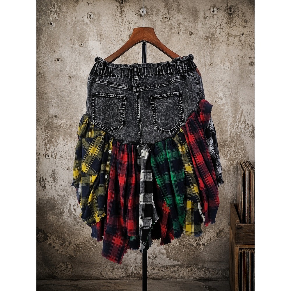 Wild Fable Upcycled Patchwork Denim & Flannel Midi Skirt Grey Plaid Large - Picture 2 of 6
